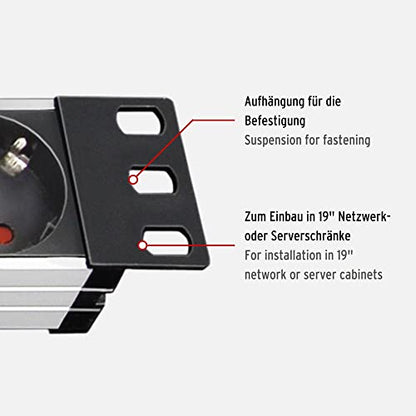 Brennenstuhl Alu-Line 19" Steckdosenleiste 9-Fach - Steckerleiste aus hochwertigem Aluminium (2m Kabel), Silber/schwarz