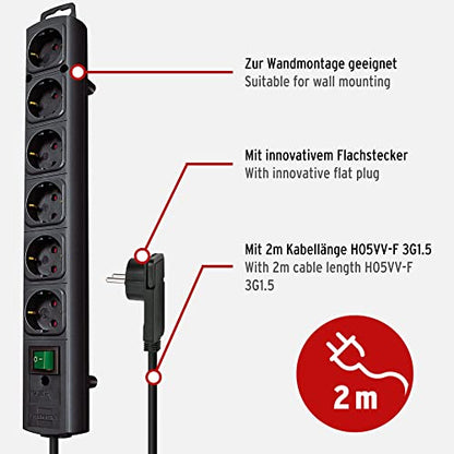 Brennenstuhl Comfort-Line Plus Steckdosenleiste 6-Fach (Mehrfachsteckdose mit Flachstecker, Schalter, 2m Kabel und extra breite Abstände der Steckdosen) schwarz
