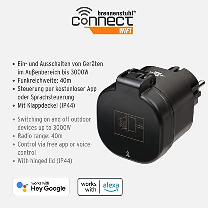 Brennenstuhl Connect WLAN Steckdose WA 3000 XS02 für außen IP44 (WIFI Steckdose Outdoor 2.4 GHz kompatibel mit Alexa und Google Assistant, smarte Steckdose mit Zeitschaltuhr, kostenlose App)