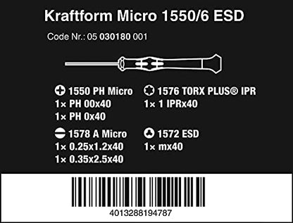 Wera 05030180001 1550/6 ESD Elektroniker-Schraubendrehersatz + Rack, 6-teilig