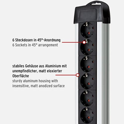 Brennenstuhl Premium-Alu-Line, Steckdosenleiste 6-Fach/Steckerleiste aus hochwertigem Aluminium (Mehrfachsteckdose mit Schalter und 3m Kabel, Made in Germany) Silber/schwarz