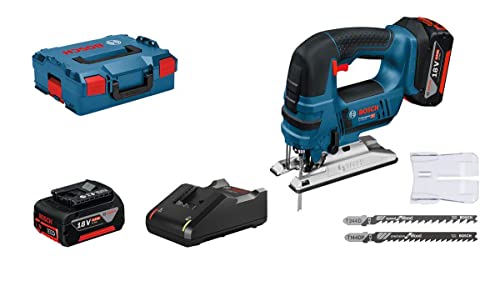Bosch Professional GST 18V-LI S (inkl. 2x 4.0 Ah Akku + Ladegerät, 3x Sägeblätter für Holz, Abdeckhaube, 1/1 L-BOXX-Einlage, L-BOXX 136)