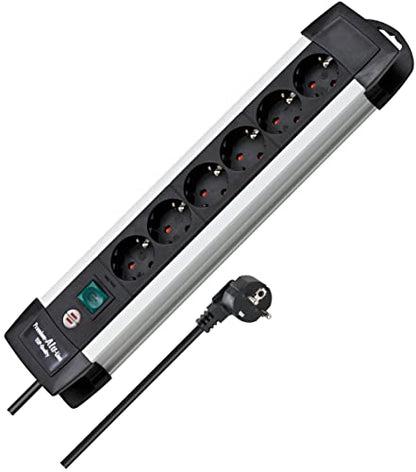 Brennenstuhl Premium-Alu-Line, Steckdosenleiste 6-Fach/Steckerleiste aus hochwertigem Aluminium (Mehrfachsteckdose mit Schalter und 3m Kabel, Made in Germany) Silber/schwarz