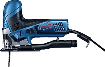 Bosch Professional Stichsäge GST 90 E (650 Watt, 1x Sägeblatt, Absaug-Set, Spanreißschutz, Schnitttiefe in Holz: 90 mm, im Koffer)