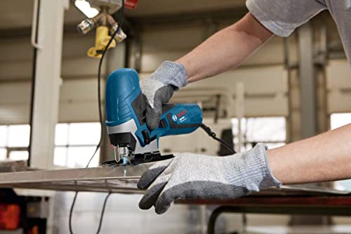 Bosch Professional Stichsäge GST 90 E (650 Watt, 1x Sägeblatt, Absaug-Set, Spanreißschutz, Schnitttiefe in Holz: 90 mm, im Koffer)