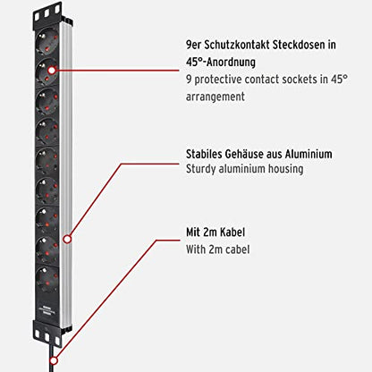 Brennenstuhl Alu-Line 19" Steckdosenleiste 9-Fach - Steckerleiste aus hochwertigem Aluminium (2m Kabel), Silber/schwarz
