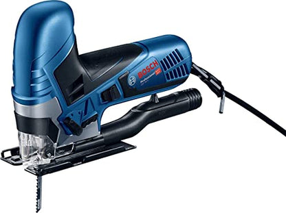 Bosch Professional Stichsäge GST 90 E (650 Watt, 1x Sägeblatt, Absaug-Set, Spanreißschutz, Schnitttiefe in Holz: 90 mm, im Koffer)