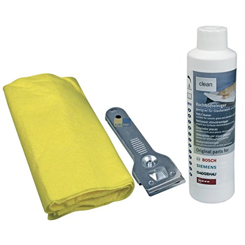 Bosch 311502 00311502 Clean Pflegeset ORIGINAL Reinigungset Glaskeramik- Induktions-Kochfelder Edelstahl-Gasmulden auch Siemens Neff Constructa Balay 311299 00311299 / Glaskeramikreiniger 311499 00311499 Metallschaber 087670 00087670 Reinigungstuch