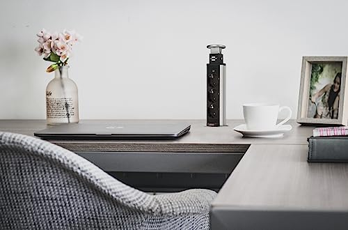 Brennenstuhl Tower Power Tischsteckdosenleiste 3-fach (versenkbare Steckdosenleiste, Mehrfachsteckdose mit 2m Kabel, komplett in Tischplatte versenkbar) alu/schwarz