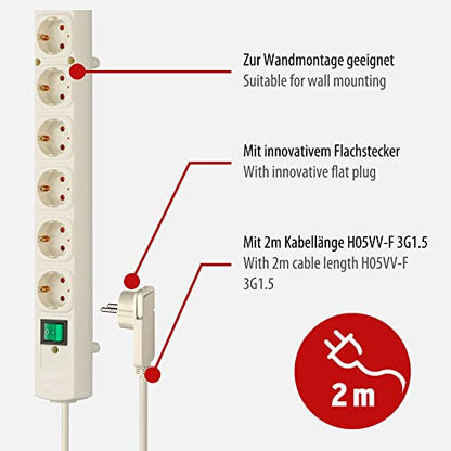 Brennenstuhl Comfort-Line Plus, Steckdosenleiste 6-Fach (Mehrfachsteckdose mit Flachstecker und Schalter, Mehrfachsteckdose mit 2m Kabel und extra Breiten Abständen der Steckdosen) weiß