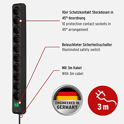 Brennenstuhl Eco-Line Steckdosenleiste 10-Fach (Mehrfachsteckdose mit erhöhtem Berührungsschutz, Schalter und 3m Kabel) schwarz