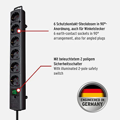 Brennenstuhl Comfort-Line Plus Steckdosenleiste 6-Fach (Mehrfachsteckdose mit Flachstecker, Schalter, 2m Kabel und extra breite Abstände der Steckdosen) schwarz