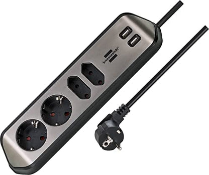 brennenstuhl Estilo Ecksteckdosenleiste 4-Fach (Tischsteckdose mit Edelstahloberfläche, Ecksteckdose mit 2X Schutzkontakt-Steckdosen, 2X Euro-Steckdosen, inkl. USB-Ladefunktion) Silber/schwarz