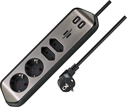 brennenstuhl Estilo Ecksteckdosenleiste 4-Fach (Tischsteckdose mit Edelstahloberfläche, Ecksteckdose mit 2X Schutzkontakt-Steckdosen, 2X Euro-Steckdosen, inkl. USB-Ladefunktion) Silber/schwarz