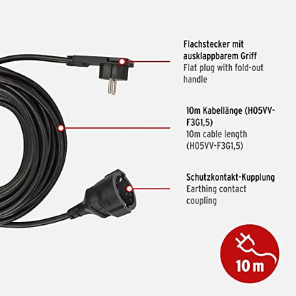 Brennenstuhl Qualitäts-Kunststoff-Verlängerungskabel mit Flachstecker (Verlängerungskabel flach für innen mit 10m Kabel) schwarz