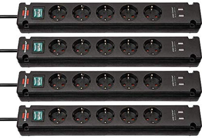 Brennenstuhl Bremounta Steckdosenleiste 5-Fach mit USB-Ladefunktion (Steckerleiste mit Befestigungsmöglichkeit, 3m Kabel und Kindersicherung) schwarz 4er Pack