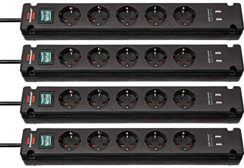 Brennenstuhl Bremounta Steckdosenleiste 5-Fach mit USB-Ladefunktion (Steckerleiste mit Befestigungsmöglichkeit, 3m Kabel und Kindersicherung) schwarz 4er Pack