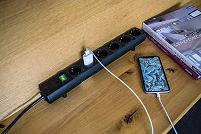 Brennenstuhl Comfort-Line Plus Steckdosenleiste 6-Fach (Mehrfachsteckdose mit Flachstecker, Schalter, 2m Kabel und extra breite Abstände der Steckdosen) schwarz