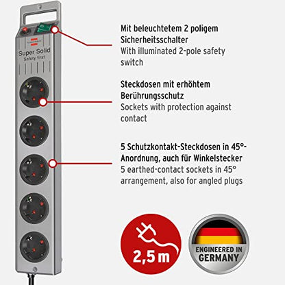 Brennenstuhl Super-Solid Steckdosenleiste 5-Fach (Mehrfachsteckdose mit Schalter und 2,5m Kabel - aus bruchfestem Polycarbonat) schwarz/Silber