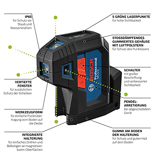 Bosch Professional 5-Punkt-Laser GPL 5 G (grüner Laser, Arbeitsbereich: bis 30 m, Tasche)