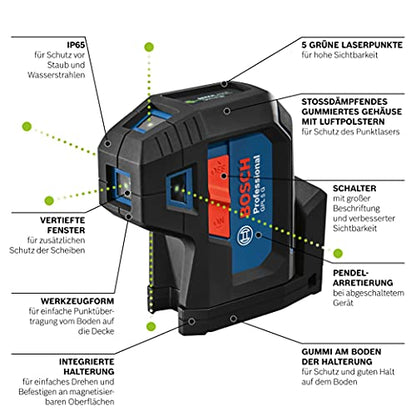 Bosch Professional 5-Punkt-Laser GPL 5 G (grüner Laser, Arbeitsbereich: bis 30 m, Tasche)