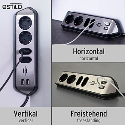 brennenstuhl Estilo Ecksteckdosenleiste 4-Fach (Tischsteckdose mit Edelstahloberfläche, Ecksteckdose mit 2X Schutzkontakt-Steckdosen, 2X Euro-Steckdosen, inkl. USB-Ladefunktion) Silber/schwarz