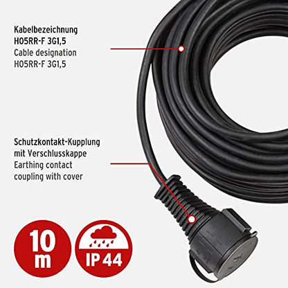 Brennenstuhl Qualitäts-Gummi-Verlängerungskabel 10m (IP44, Kabel für außen) schwarz