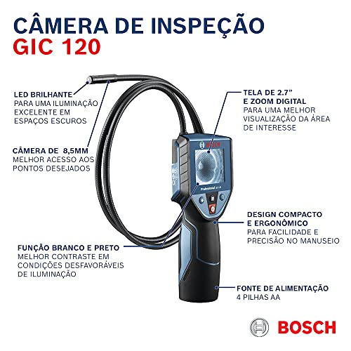 Bosch Professional Inspektionskamera GIC 120 (Kabellänge: 120 cm, Display: 2,7’’, 4x AA-Batterie, im Karton)
