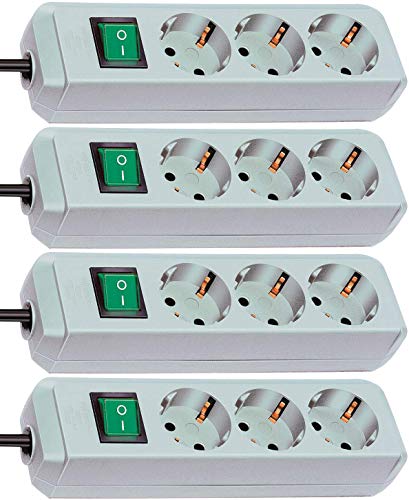 Brennenstuhl Eco-Line 3-fach Steckdosenleiste (Steckerleiste mit Kindersicherung, Schalter und 1,5 m Kabel) grau | 4er Pack