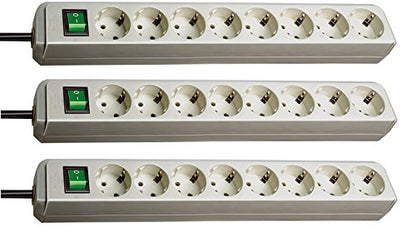 Brennenstuhl Eco-Line, Steckdosenleiste 8-fach (mit Schalter und 3m Kabel - besonders stromsparend) (3er Set | lichtgrau)